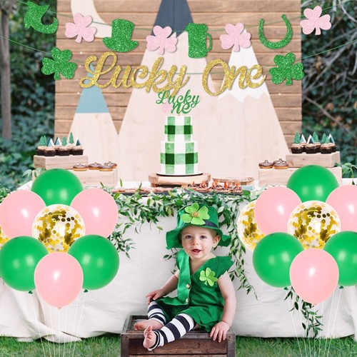 St. Patrick's Day First Birthday Party Decorations Lucky One 1st Pink, Green - Picture 6 of 7