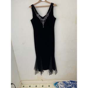Dressbarn Vintage Black Velvet Rhinestone V-Neck Mesh Hem Gown 12 24547