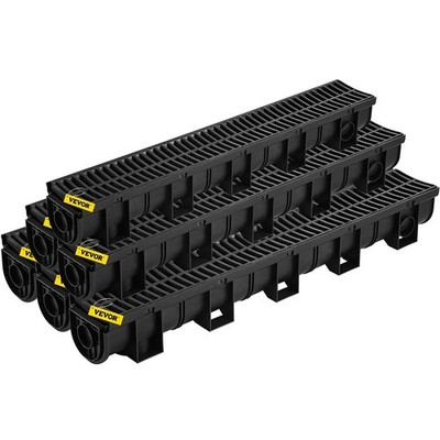 6 Pack Trench Drain System 5.9x5.1-Inch HDPE with Grate End Caps