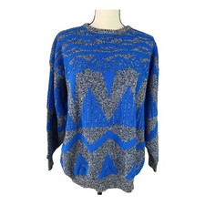 Vintage Adele Knitwear Sweater Womens M-L Crewneck Gray Blue Pattern 80's