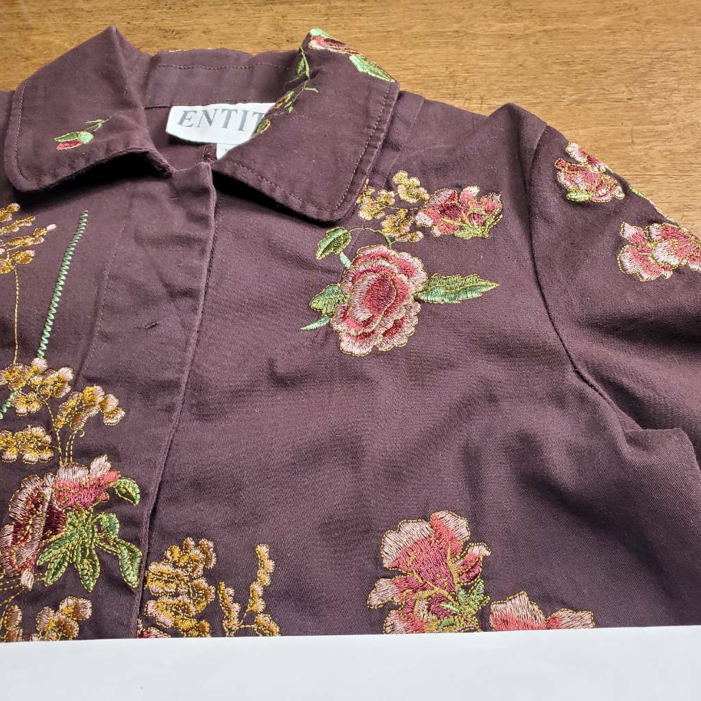 ENTITY Jacket Medium Women Fall Colors Brown Floral Embroidered Boho 3/ ...