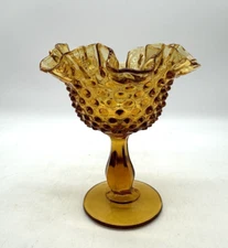 Fenton Colonial Amber Glass Ruffled Edge Hobnail Compote Pedestal Candy Dish VTG