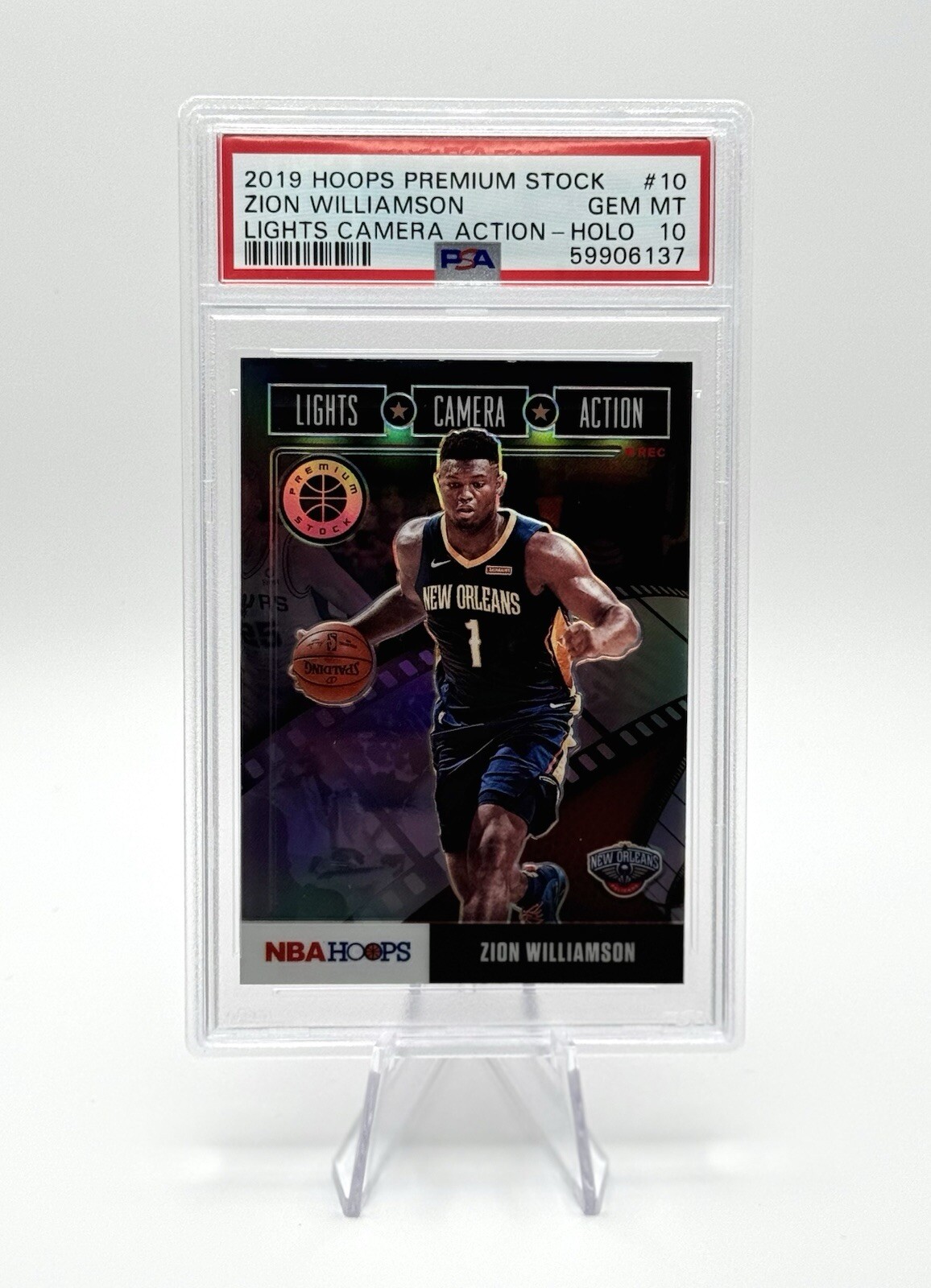 2019-20 Hoops Premium Zion Williamson Lights Camera Action Holo Rookie PSA 10