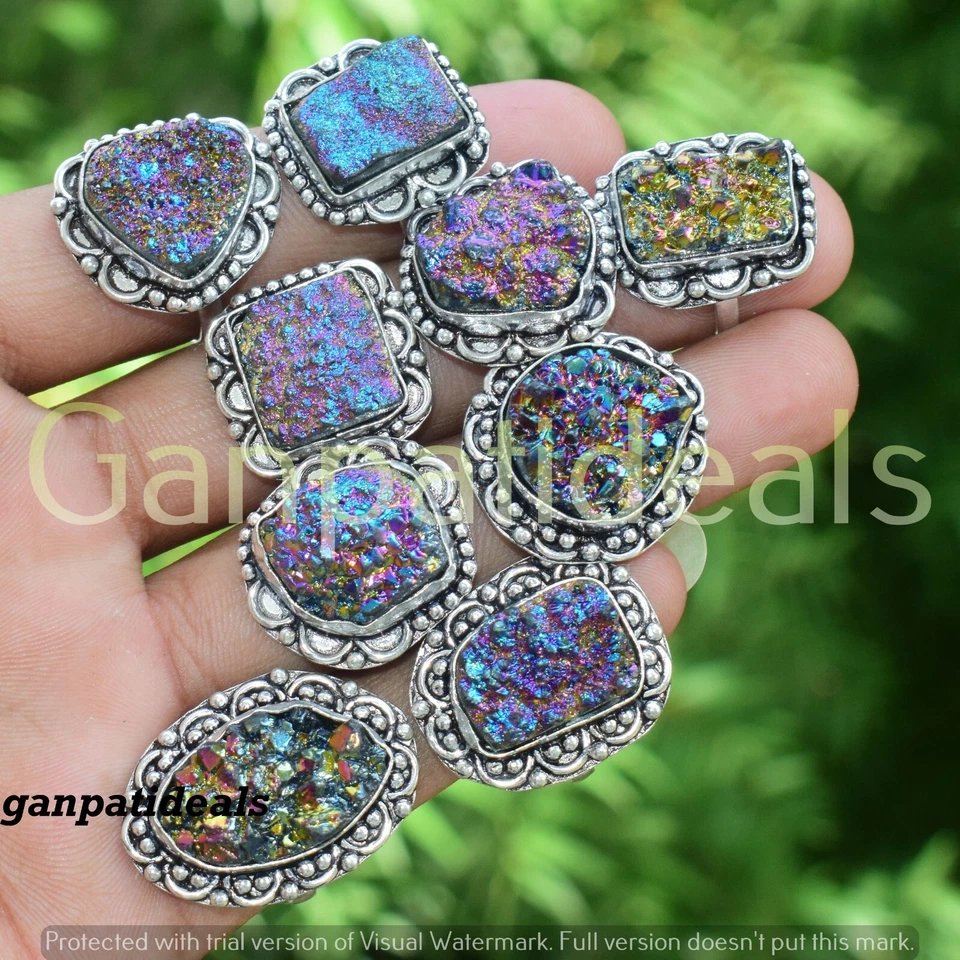 Sale ! Titanium Druzy Gemstone Ring 5pcs Wholesale Lot 925 Silver Plated Jewelry - Image 2 of 4