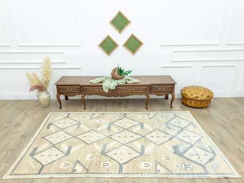 Vintage Turkish Oushak Rug –5'5"x8'7"– Hand-Knotted Wool Tribal Geometric Carpet - Picture 3 of 14