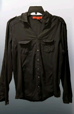 Mango Love Basic Damen Button Down Safari Hemd schwarz Rollträger Ärmel Gr. L