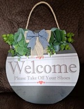 Welcome "Please Remove Your Shoes" Wooden Door Sign 11" x 11" 16" hanging 