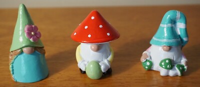 3 Mini Fairy Garden Gnome Red Green Mushroom Head Figurines Country Home Decor