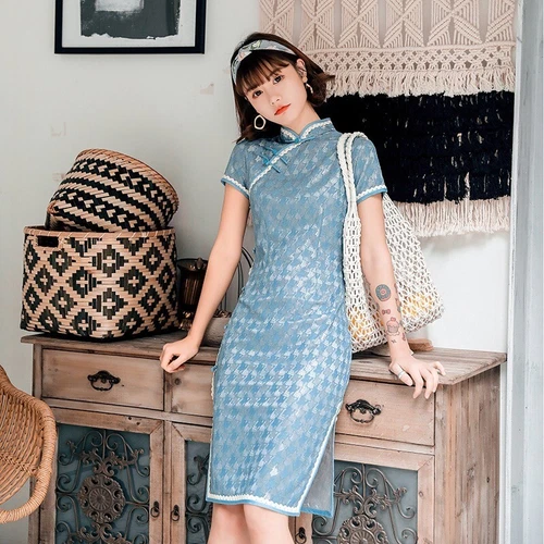 Luxuriöses chinesisches blaues kurzes Satinkleid Cheongsam Qipao Dress - Bild 2 von 8