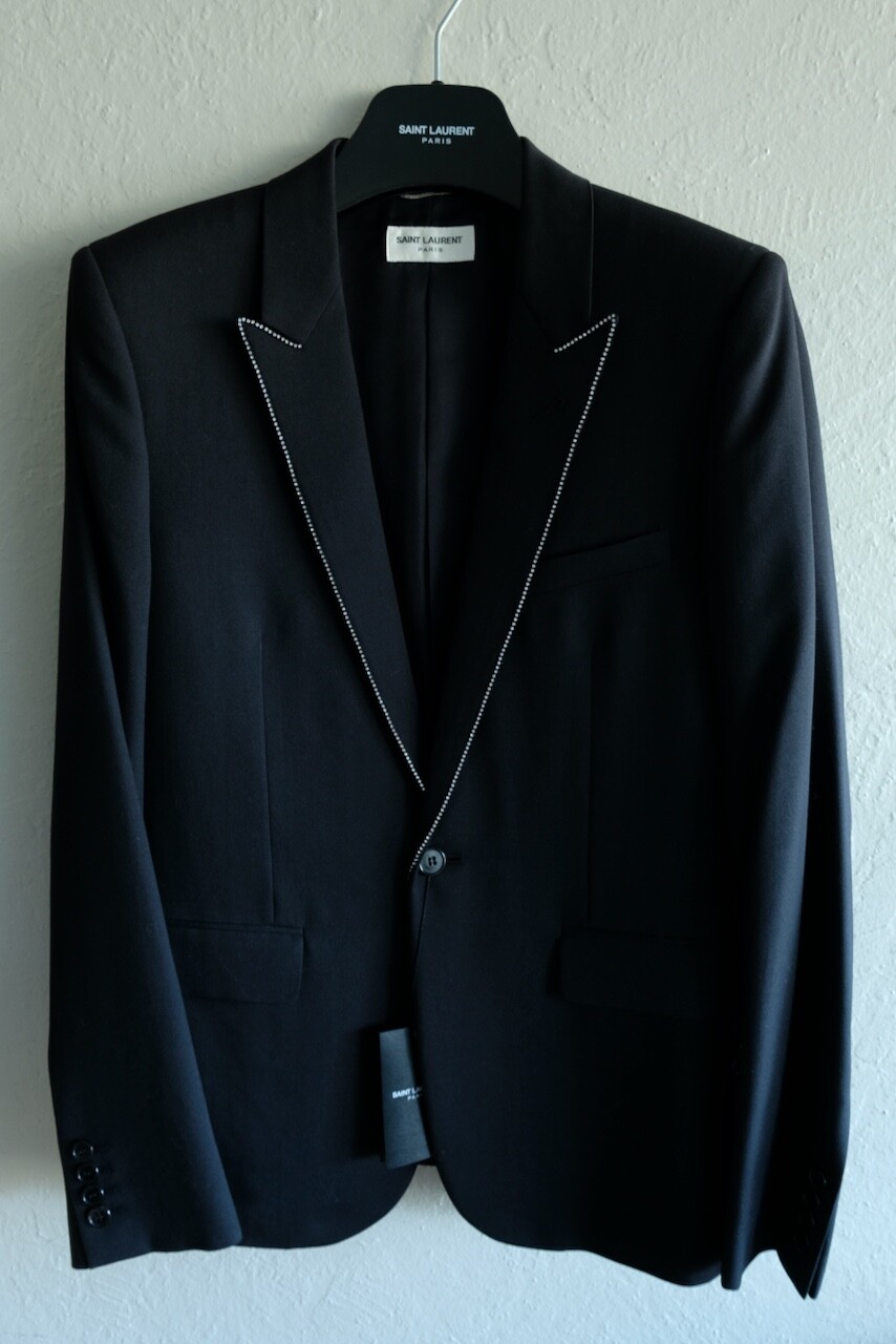 Giacca blazer Saint Laurent Paris Crystal Peak con risvolto FW15 Hedi Slimane 48