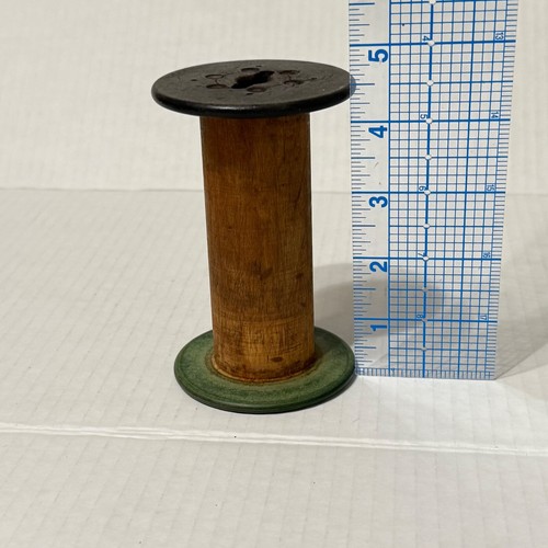 2 Antiche Bobine Legno Mulino Tessile Alto 4,5” Decorazione Primitiva Progetto Verde Nero - Foto 5 di 5
