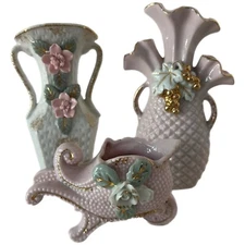 Vtg Ucagco Ceramics Pink Floral Vase Planter Set Of 3 Triple Bud Japan Gold Trim