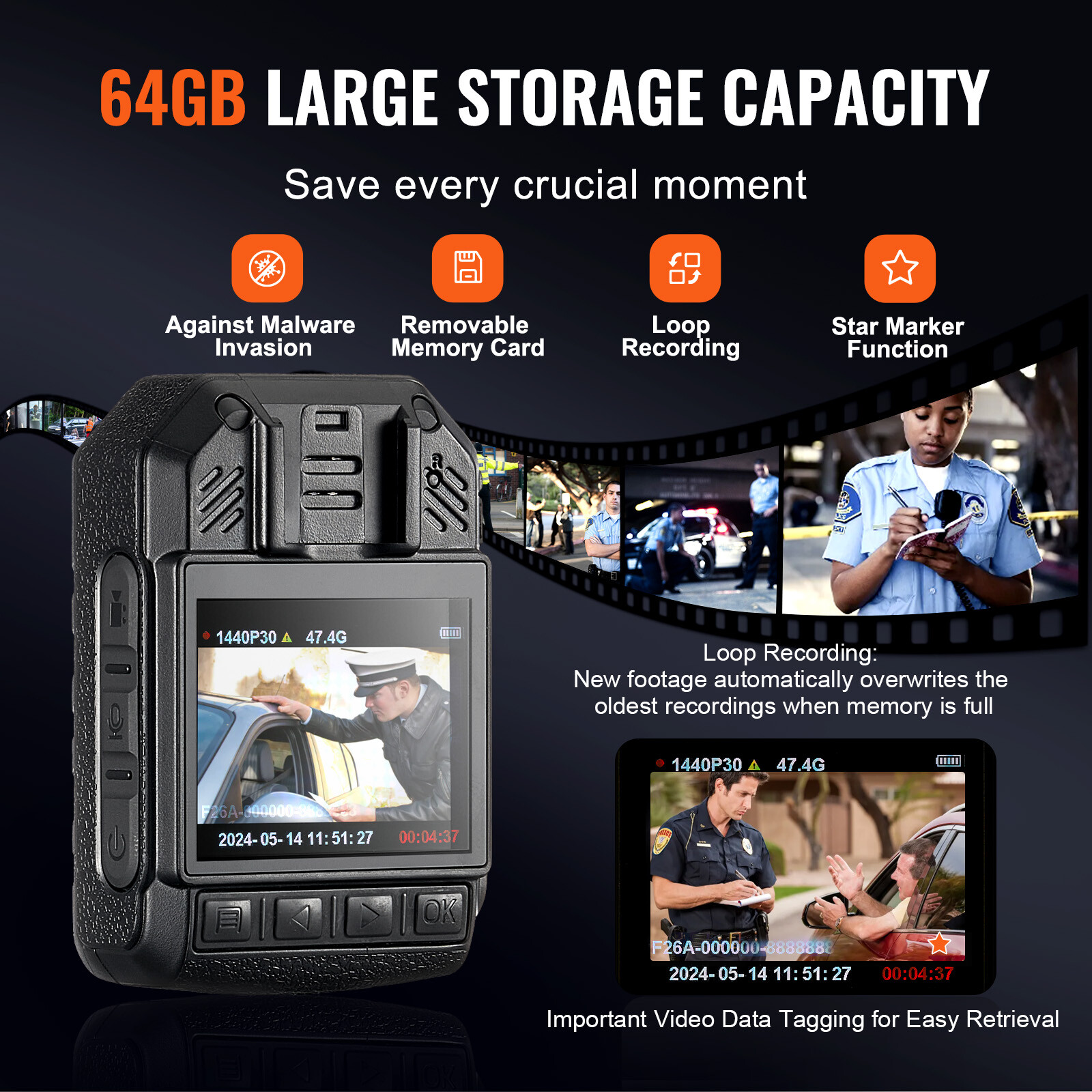 VEVOR 1440P Police Body Camera 64G Body Cam with 2850 mAh Battery Night