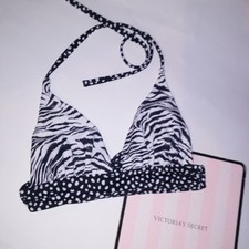 Victoria Secret Swim Bikini Top XS Black White Halter Animal Print Swimwear