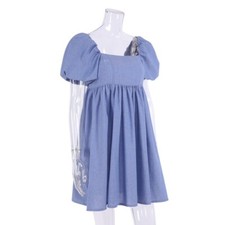 Lady Cotton Linen Mini Babydoll Dress Short Puff Sleeve Swing Square Neck Casual