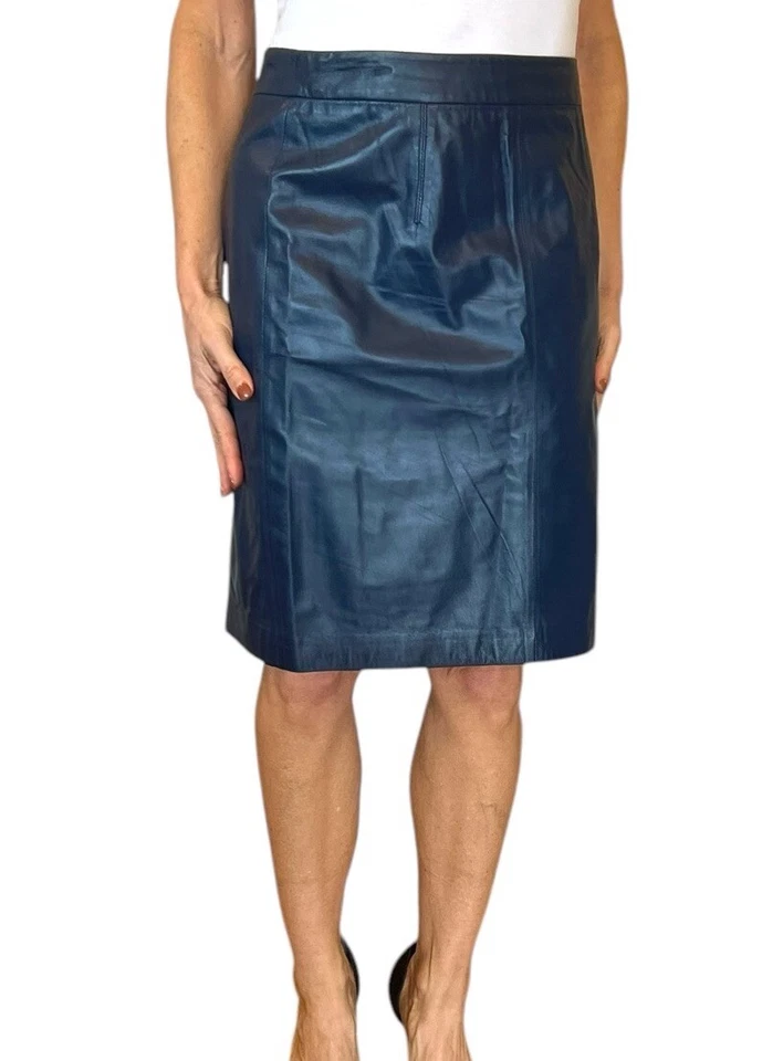 MILLY NEW YORK 100% CUERO CORDERO AZUL FALDA LÁPIZ MINI CREMALLERA TRASERA TALLA 4 $475 Foto 3 de 4