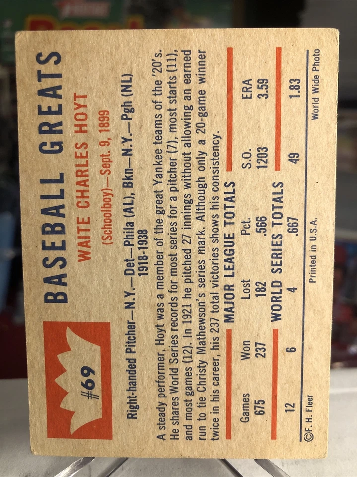 1960 Fleer Waite Hoyt Baseball Greats #69 ⭐️ VGEX - Image 2 of 2