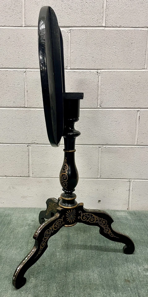 1860 English Black Lacquer Chinoiserie 20" Tilt-Top Pedestal Table Abalone Inlay - Image 4 of 4