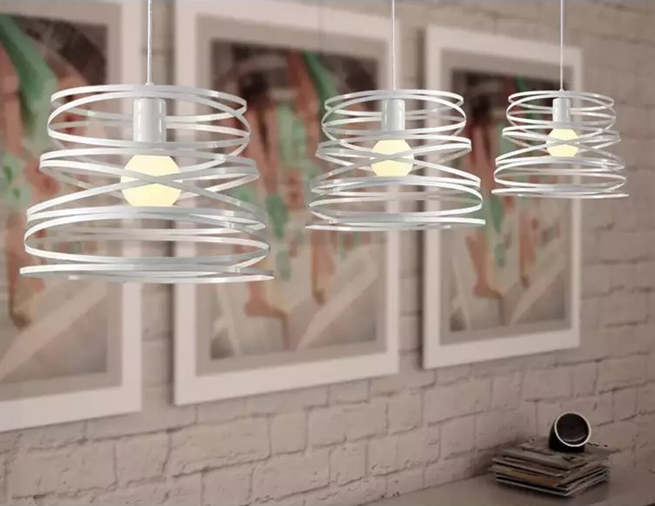 Lampadario Sospensione Moderno 3 Luci Metallo Nero/Bianco Intrecciato