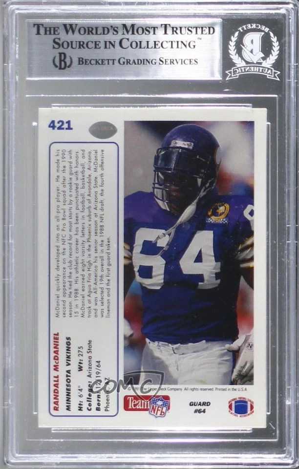 BAS 1991 Upper Deck Randall McDaniel #421 Authentic Auto HOF - Image 2 of 2