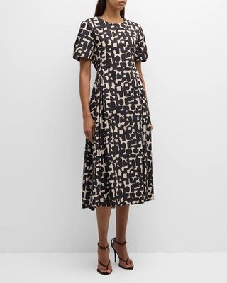 'S MaxMara 'Callas' Abstract-Print Short Sleeve A-Line Midi Dress sz 12