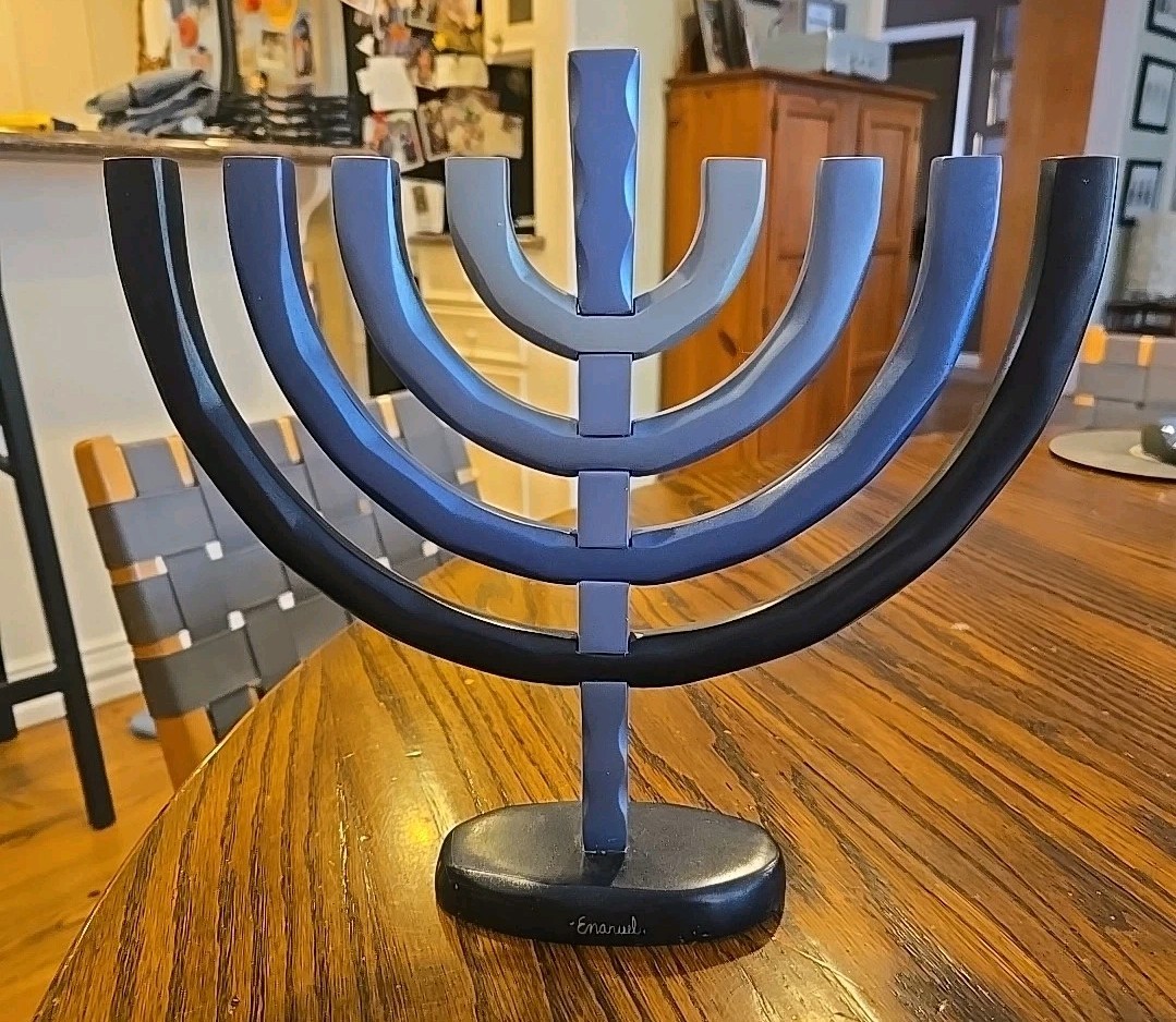 Yair Emanuel Anodized Aluminum Menorah Grey/Blue in Temple Design Hanukkah