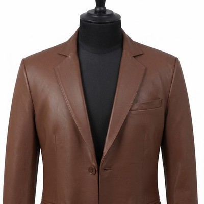 Men's Brown Real Lambskin Leather Blazer Classic Casual Smart Jacket Coat