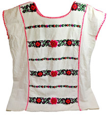 VTG Mexican Handmade Oaxacan Floral Embroidered Folk Huipil Blouse Est Sz M-L