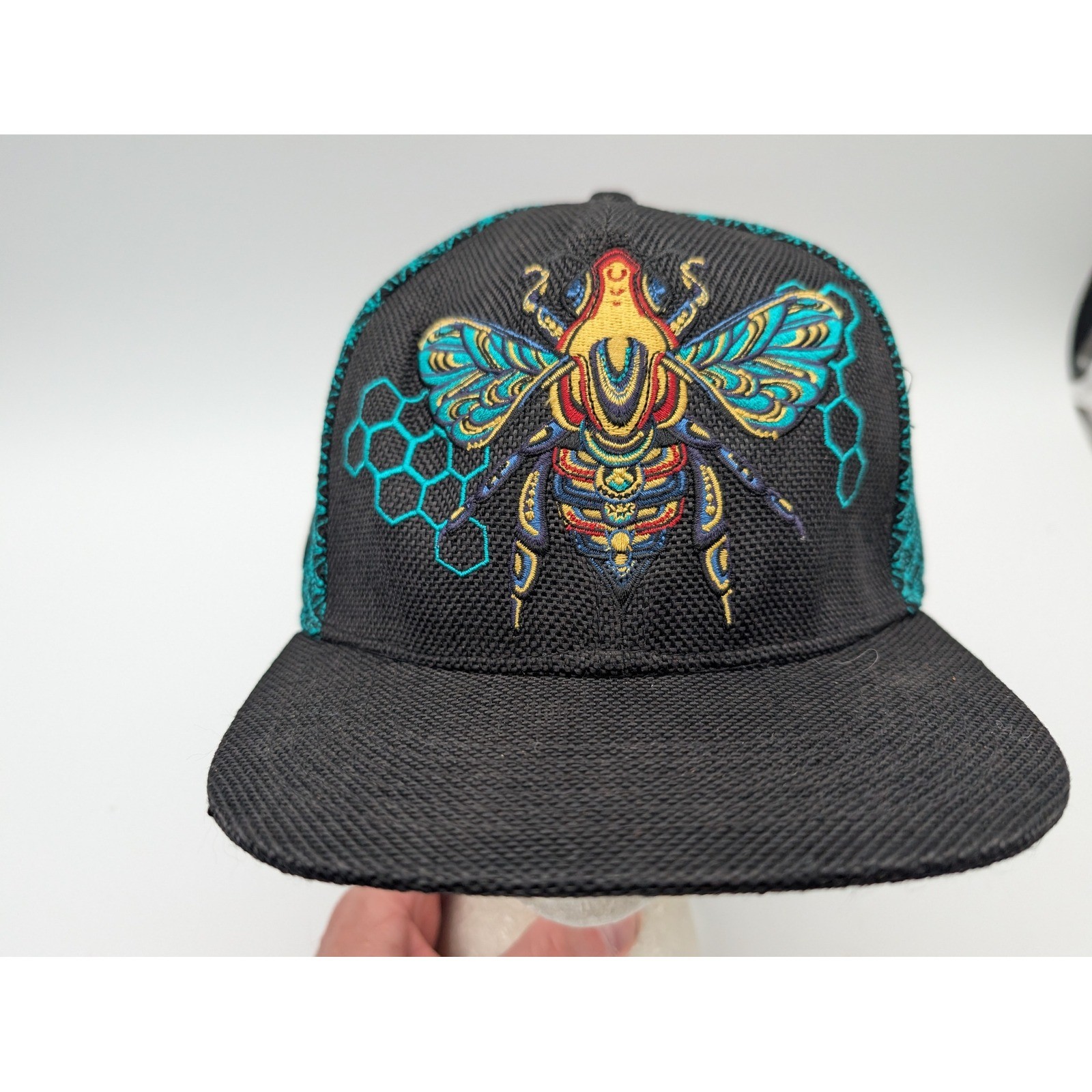 Bee Embroidered Fitted Hat Black Teal 7 5/8 Limited Ed