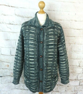 Vintage Grobstrickjacke türkis weiß meliert Knopf Langarm Taschen 14 M Blogger