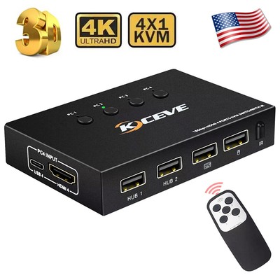 HDMI KVM Switch 4 Ports 4K@60Hz 4 In 1 Out USB Switcher for 4 Computers Share US
