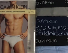 Calvin Klein Men's 3 Pack Hip Brief, Cotton Stretches, Blue&Grey, Size M