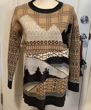 WoolRich beige black pine tree scenery LAMBS WOOL sweater M outdoor winter
