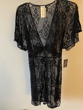 NWT Jonquil by Diane Samandi Black Lace Short Sleeve Robe Large