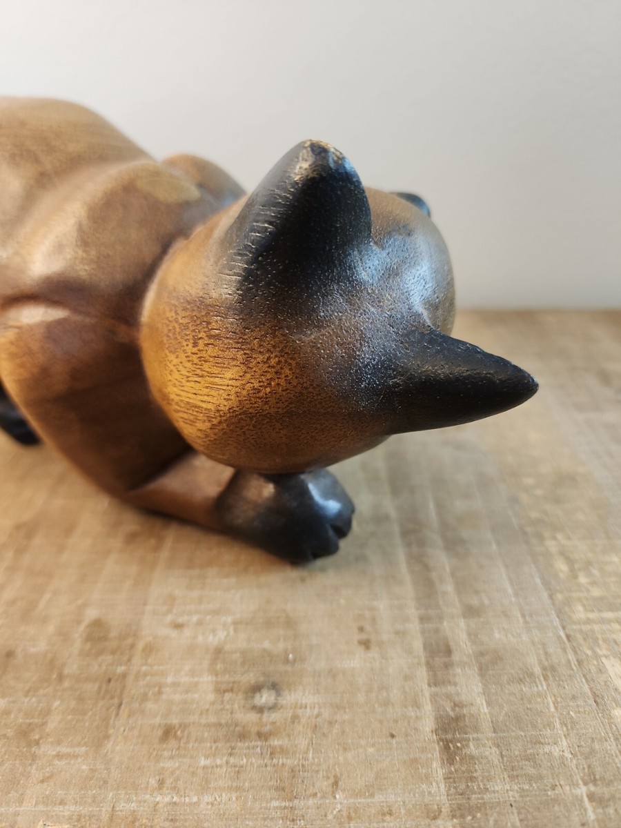Wooden Cat Shelf Sitter Figurine Carved Hanging Tail Thailand