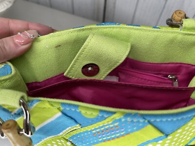 Sac Tote Vintage Alexandra Bartlett Tissu Vert/Bleu - Anses Bambou
