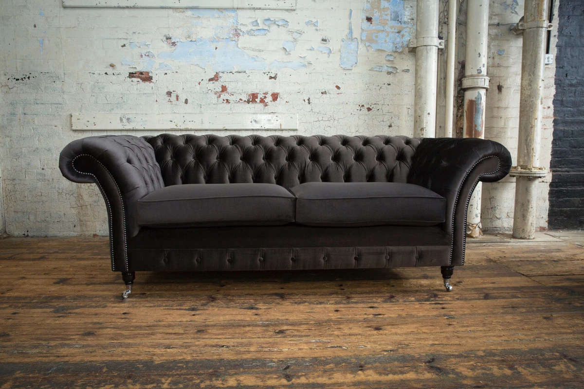 HANDMADE 3 SEATER SOFT EARTHY CHARCOAL GREY VELVET CHESTERFIELD SOFA COUCH