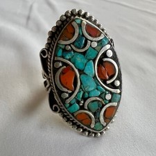 Turquoise Coral Inlay Tibetan Silver Handmade Artisan Chunky Statement Ring