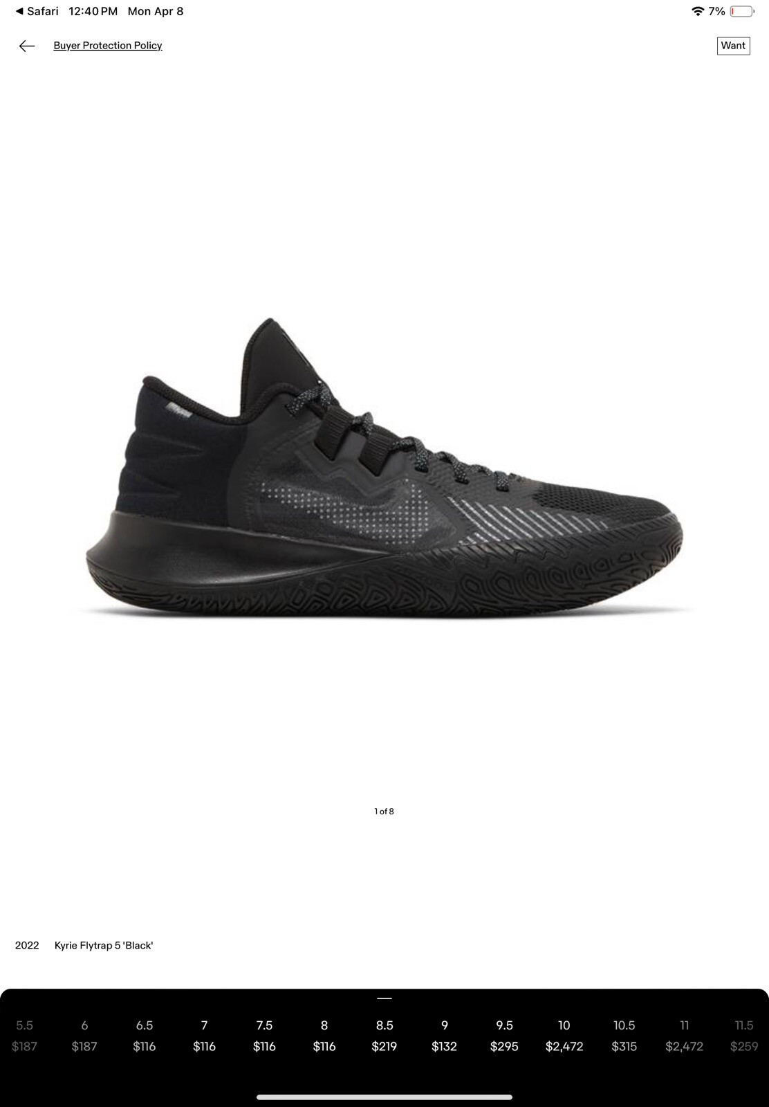 NEW Nike Kyrie Irving Flytrap V 5 black men's Size 8 basketball shoes CZ4100-004