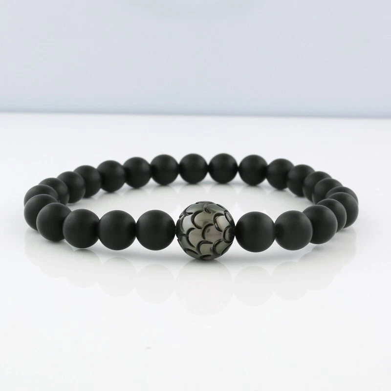 Armband flexibel gravierte Tahitiperle schwarze Onyxkugel Flex-Armreif Perle NEU