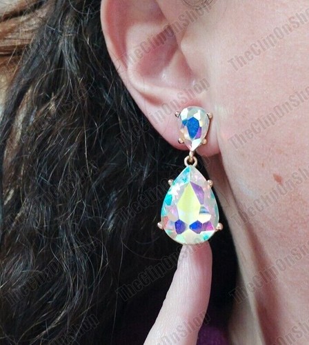 CLIP ON Retro 4cm RAINBOW CRYSTAL Drop EARRINGS AB Gold Tone Vintage Style - Picture 8 of 23