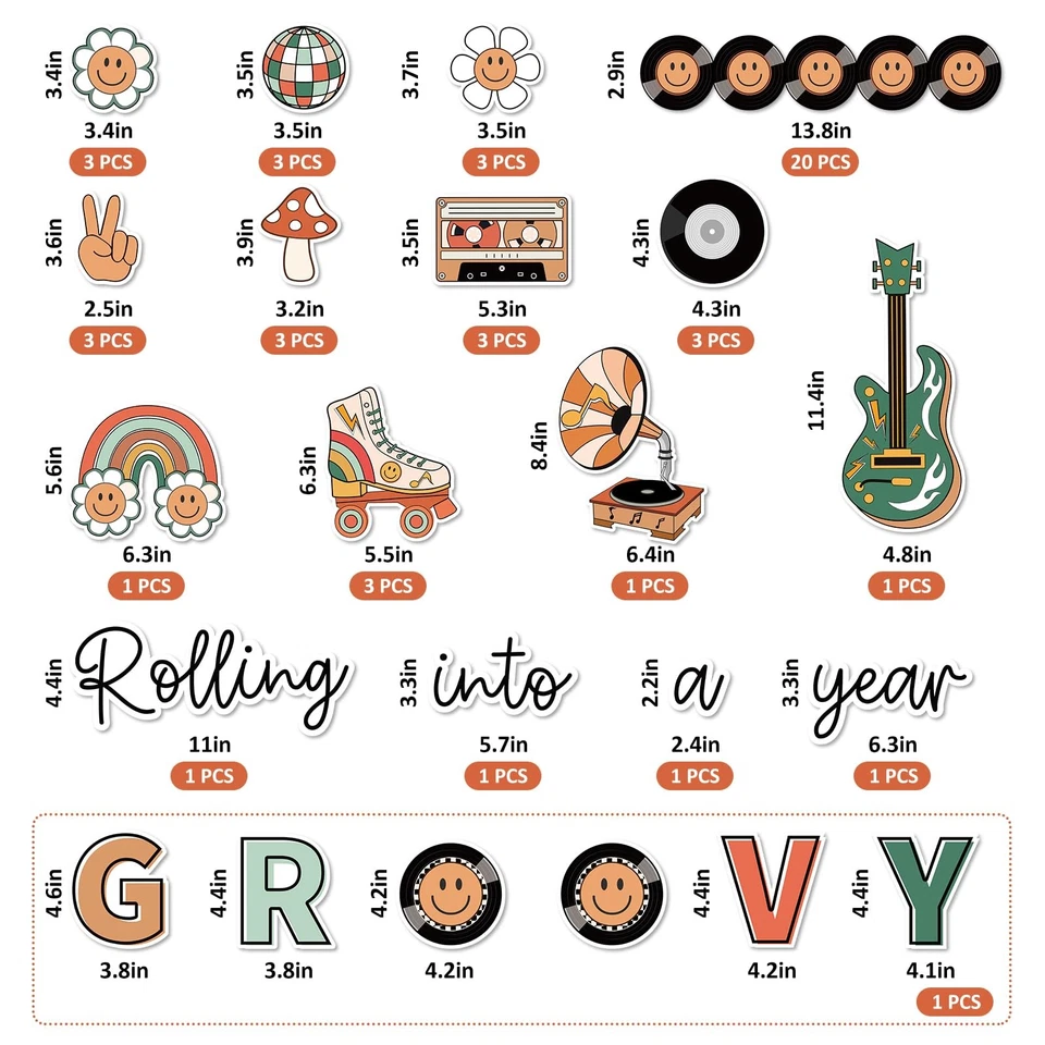 57Pcs Retro Groovy Bulletin Board Decoration Kit Vintage Boho Disco Hippie Cl... - Image 2 of 4