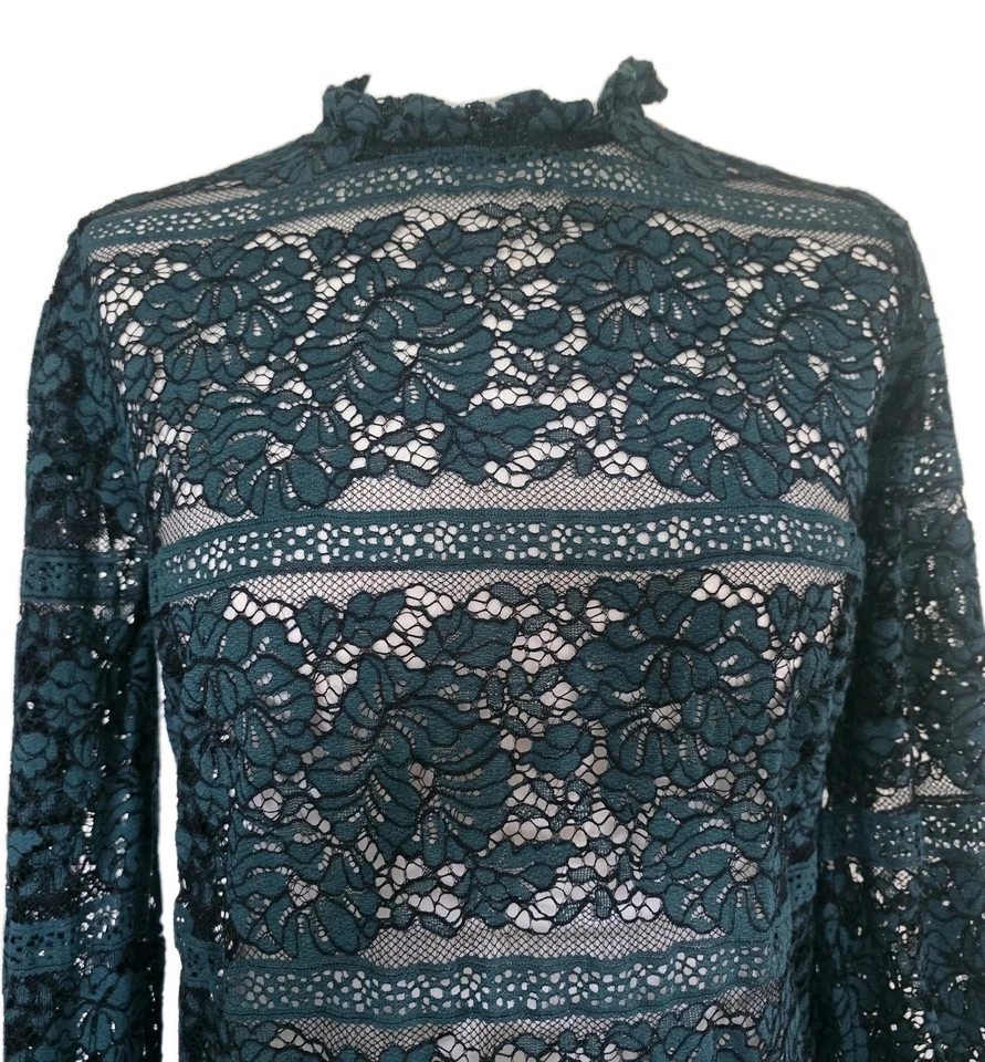 Blusa Top Papaya Para Mujer Talla 12uk Encaje Rosas Floral Verde Romántica Manga Larga Foto 3 de 4