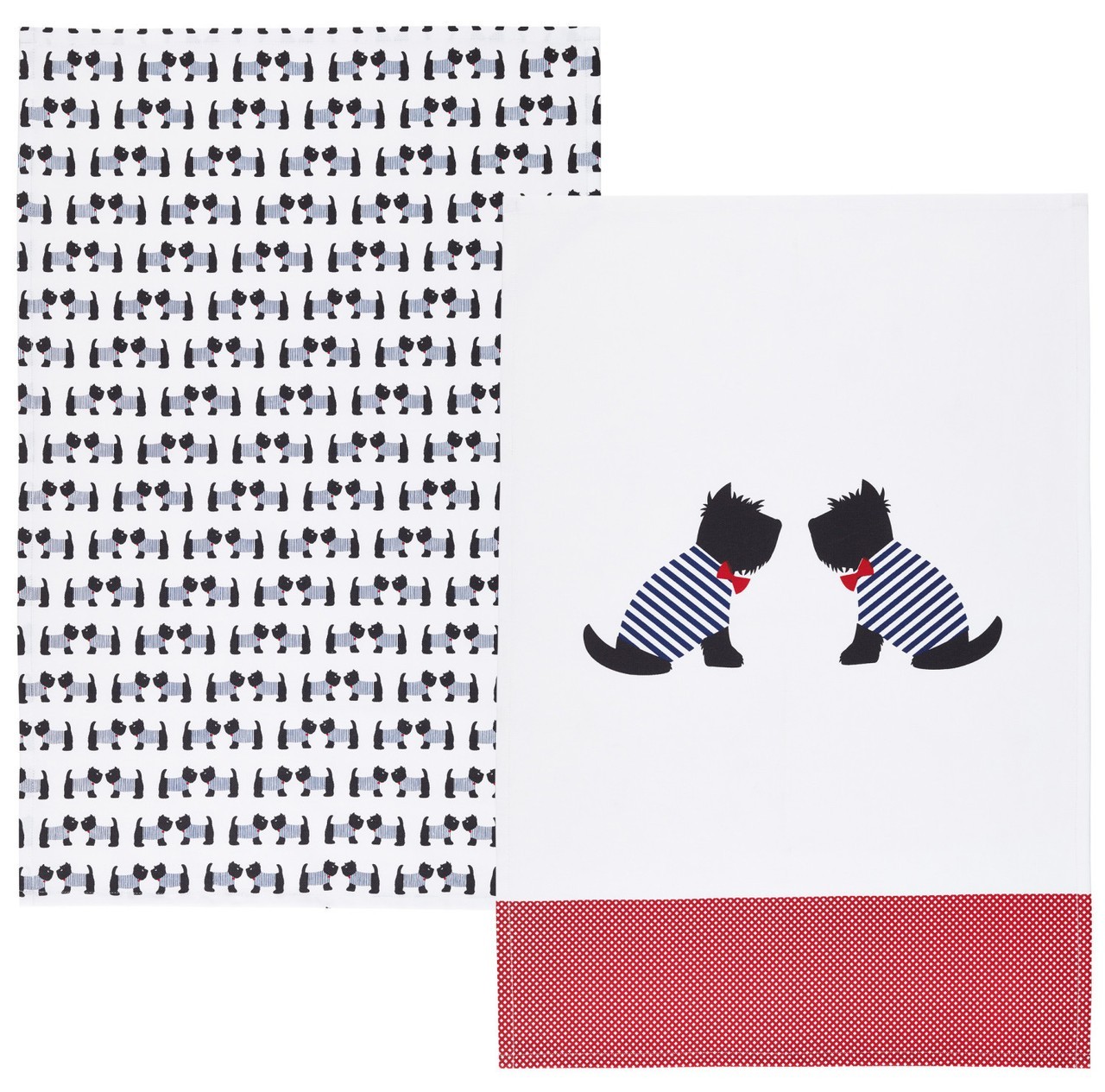 KitchenCraft Tea Towels Pack 2 - 100% Cotton Dish Towels Westie Dog Themed
