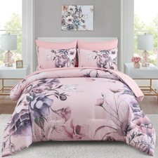Floral Comforter Set King Size 7 Piece Blush Pink Flower Bed in a Bag Elegant