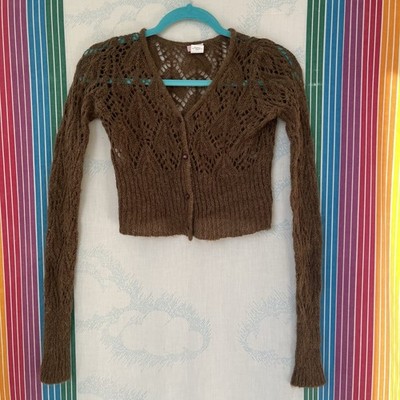 Y2K 2000s Cropped Knit Angora Cardigan Sweater Light Brown Small Medium Vintage