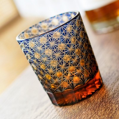 Premium Whiskey Glasses Kiriko Crystal Glass Drinkware Tumbler 8oz Amber Blue