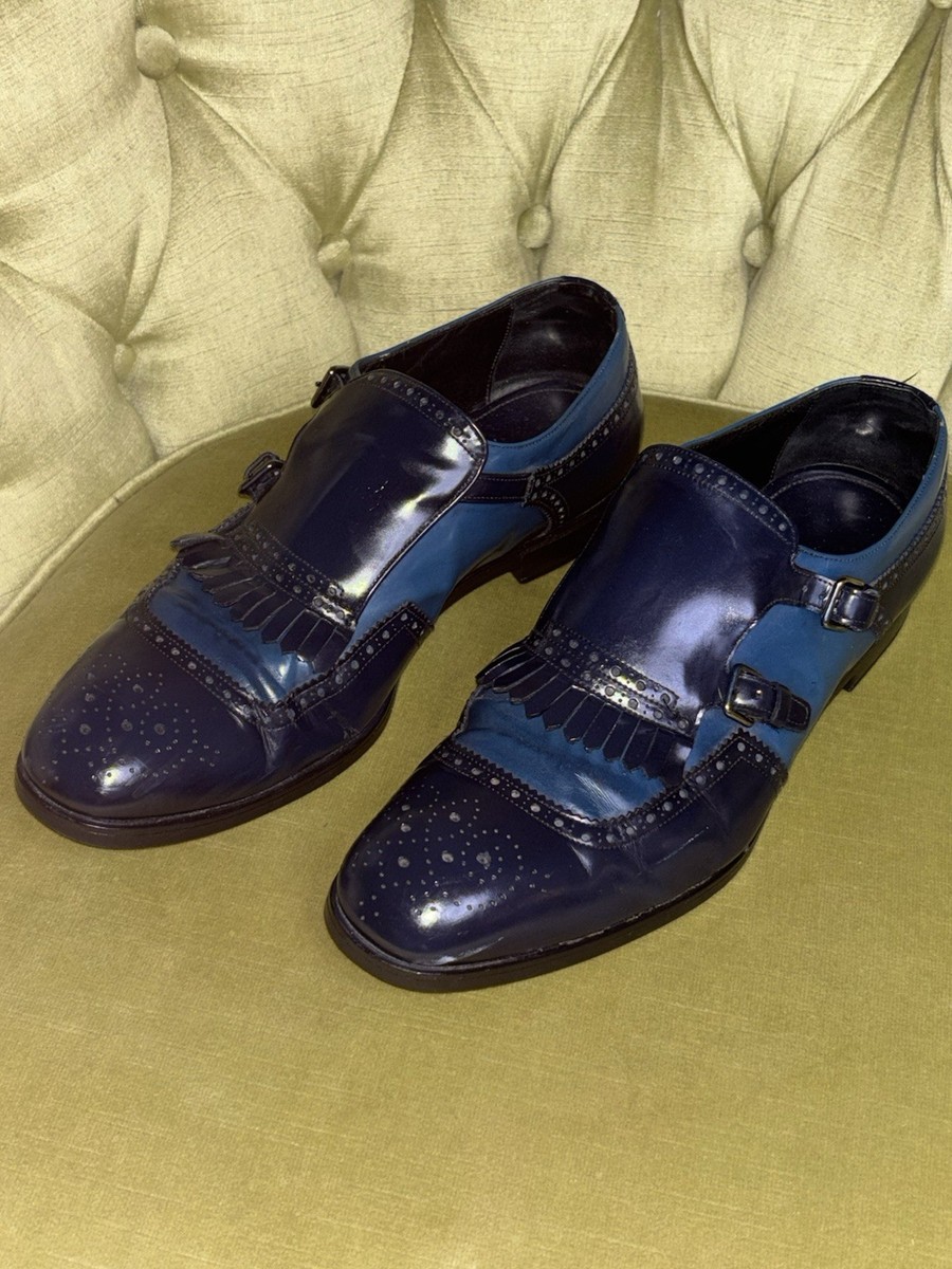 Prada Men's two tone navy blue shiny Leather Dress Monk Shoes w
