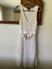 Vintage White Crochet Midi Dress Bow Boho Coquette Cotton Medium