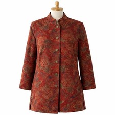 Chico s Size 1 Red Tapestry Jacket Floral Button Front Long Blazer Coat